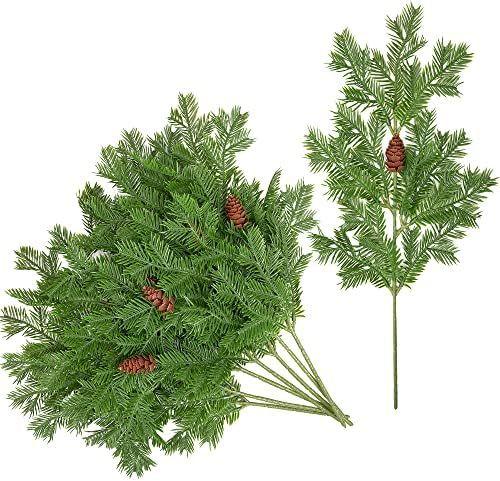 Wsorik 4Pcs Realistic Norfolk Pine Branches -18Inch Artificial Real Touch Christmas Pine Stems Picks Greenery Fake Cedar Pine Branch for Vase DIY Crafts, Xmas Indoor Outdoor Home Decor