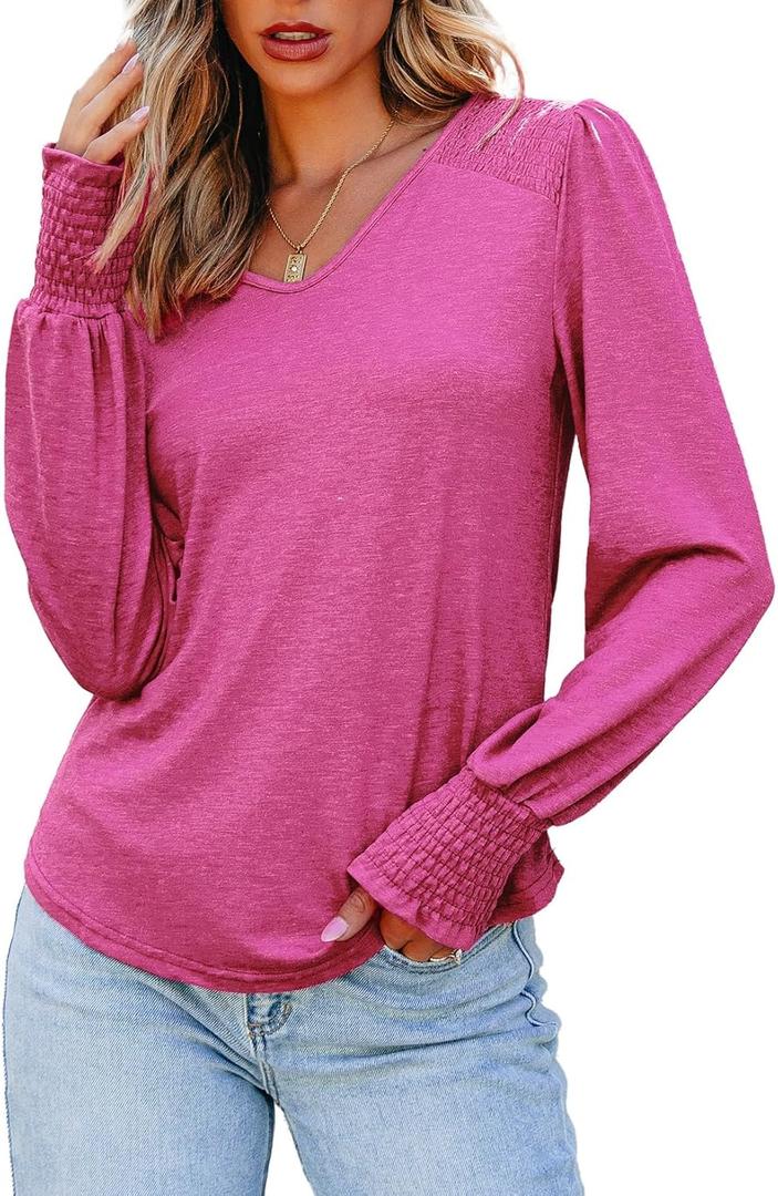 Dokotoo Women's Casual Long Sleeve Shirts Shirred Shoulders Solid Color Knit Tops Blouses (Pink, XL)