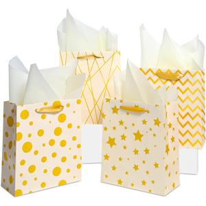 Ehpiern 4PCS Beautiful Gift Bags, 9" Medium Size Gift Bag with Handles and Tissue Paper, Reusable Gift Bags Suitable for Presents of Baby Shower, Birthday, Weddings, Christmas, Mothers Day & Other Occasion (Gold)