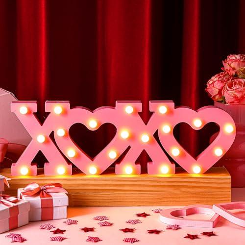 Aurelema Valentine's Day Pink LED XOXO Light up Letters XOXO Neon Light up Sign Wooden Heart Pink Valentines Day Decorations for Valentine's Gift Wedding Birthday Party Decor