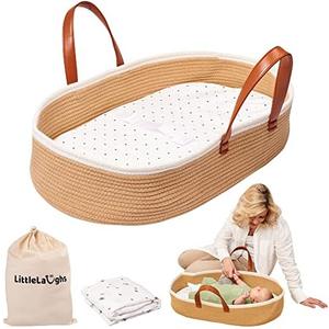 LittleLaughs Moses Basket for Babies with Muslin Blanket | Changing Basket for Baby Dresser | Portable Basket for Your Baby’s Needs | Baby Changing Basket with Pad | Woven Basket for Travel & Nursery
