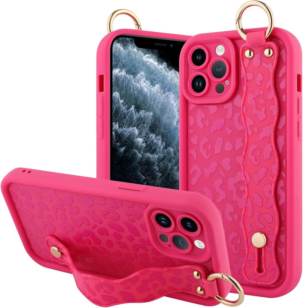 OOK Compatible with iPhone 11 Pro Max Case with Wrist Stand for Women Girls, Hot Pink Leopard Cheetah TPU Shockproof Protection Silm Silicone Kickstand Upgraded Cover, for 6.5inch