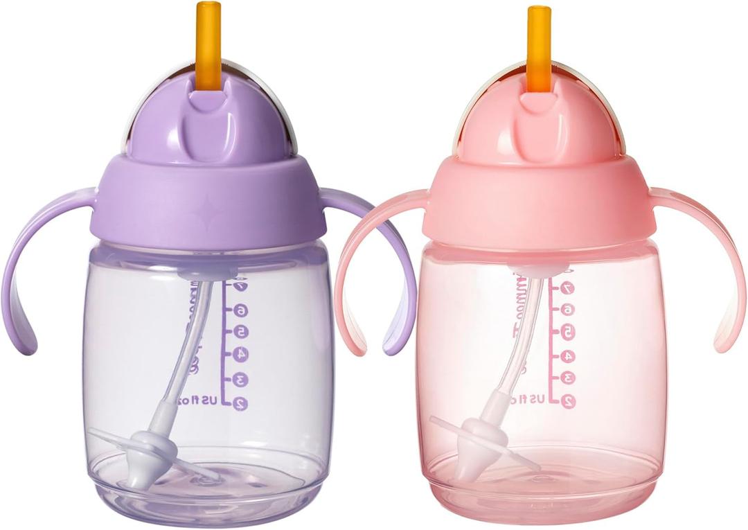Tommee Tippee Starter Weighted Straw Baby & Toddler 10oz Sippy Cup for 6 Months+, with Silicone Weighted Straw and Easy-Hold Handles, BPA Free, Pink & Purple, Pack of 2