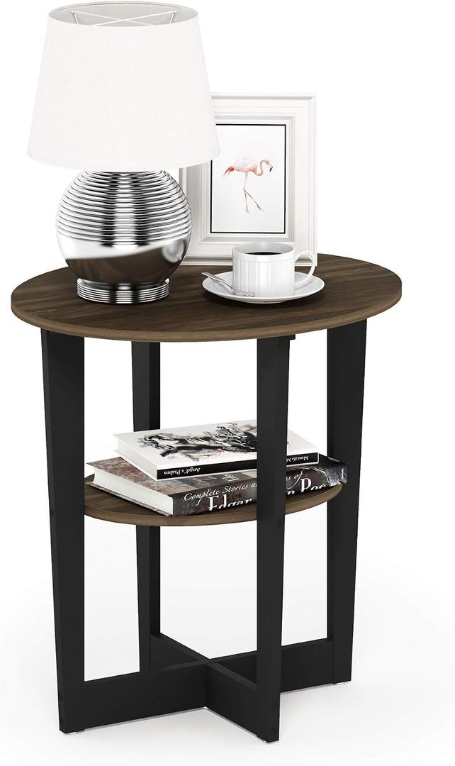 2-Tier Round Modern Side Table, Open Shelf, Columbia Walnut