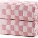 REDKISS 2 Piece Pink Checkered Bath Towels Set - 27x55 Highly Absorbent 600GSM Pink Cotton Towels for Bathroom Decoration, Retro Checkered Design