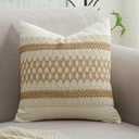 Throw Pillow Covers 20 x 20 Inch 1PC for Farmhouse Living Room, Cotton & Burlap Textured Striped Woven Boho Pillow Covers (Beige & Brown, Khaki Grid)