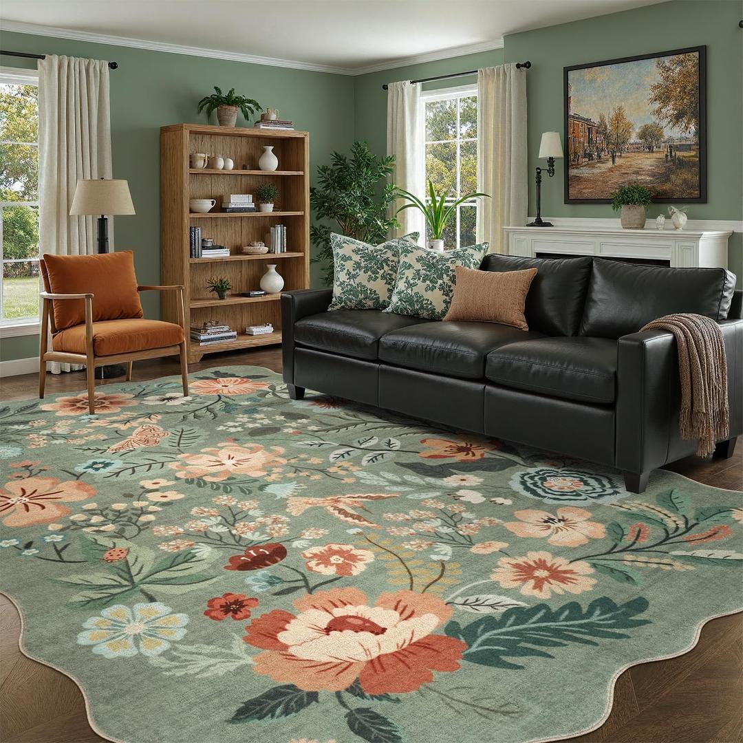 DCX Vintage Floral Rug 5x7, Washable Sage Green Rug for Living Room, Kid & Pet Friendly with Rubber Back Non Slip, Soft Low Pile Carpet, Stain Resistant Rug for Bedroom, Nursery, Dining Room