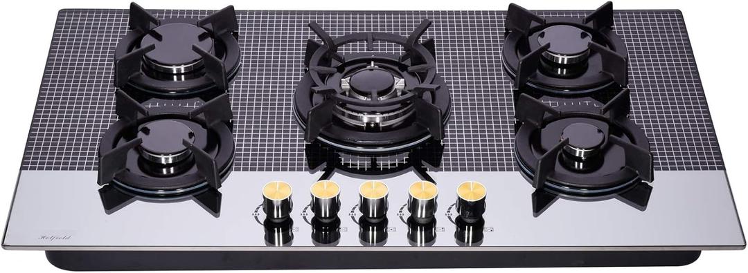 36 Inch Gas Cooktop Tempered Glass 5 Burners Stovetop Dual Fuel Gas Hob NG/LPG Convertible Gas Stove Top HF5198-01 Tempered Glass