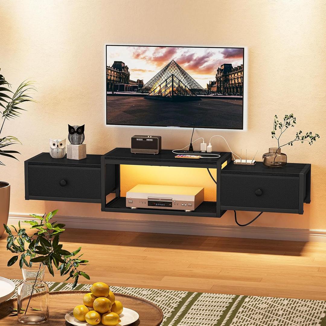Snughome Floating TV Stand Wall Mounted with Power Outlet 55", Floating Entertainment Center with LED Lights, Floating TV Shelf with Drawer, Wall Mounted Media Console Shelf for Living Room, Bedroom (Black)