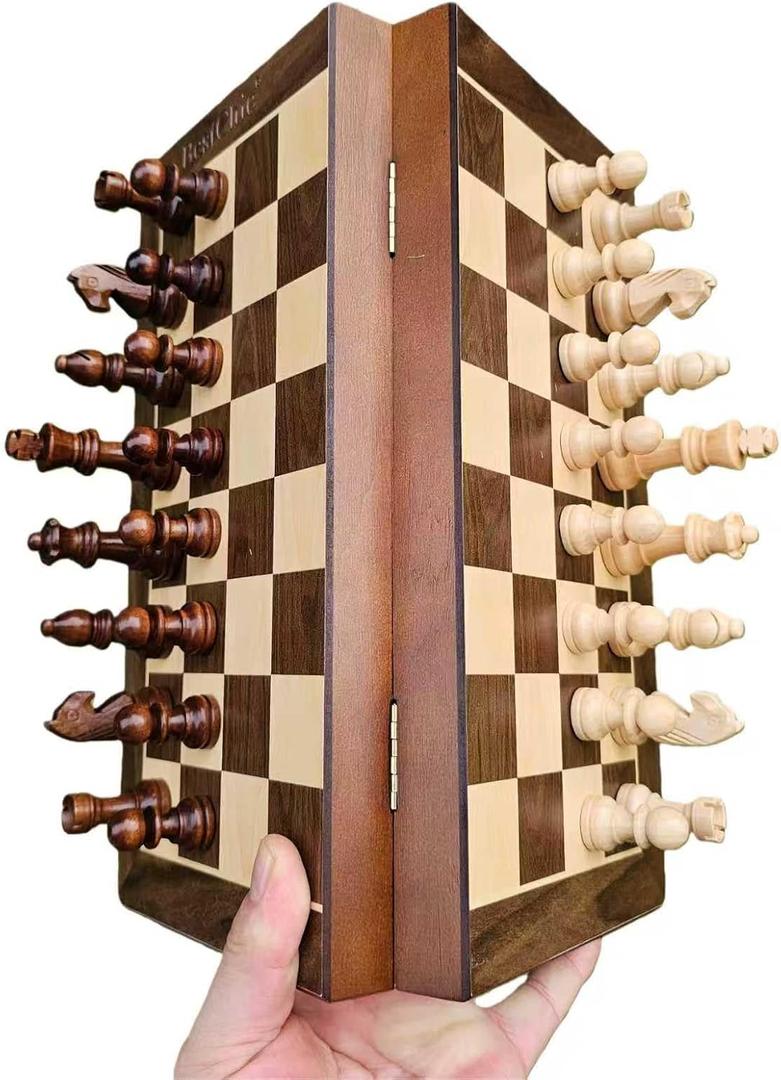 Magnetic Travel Wooden Chess Set,12-inch Chess Board,Folding Magnetic Chess Game Portable Chess Sets Includes 2 Extra Queens,Beginner Chess Set for Kids and Adults