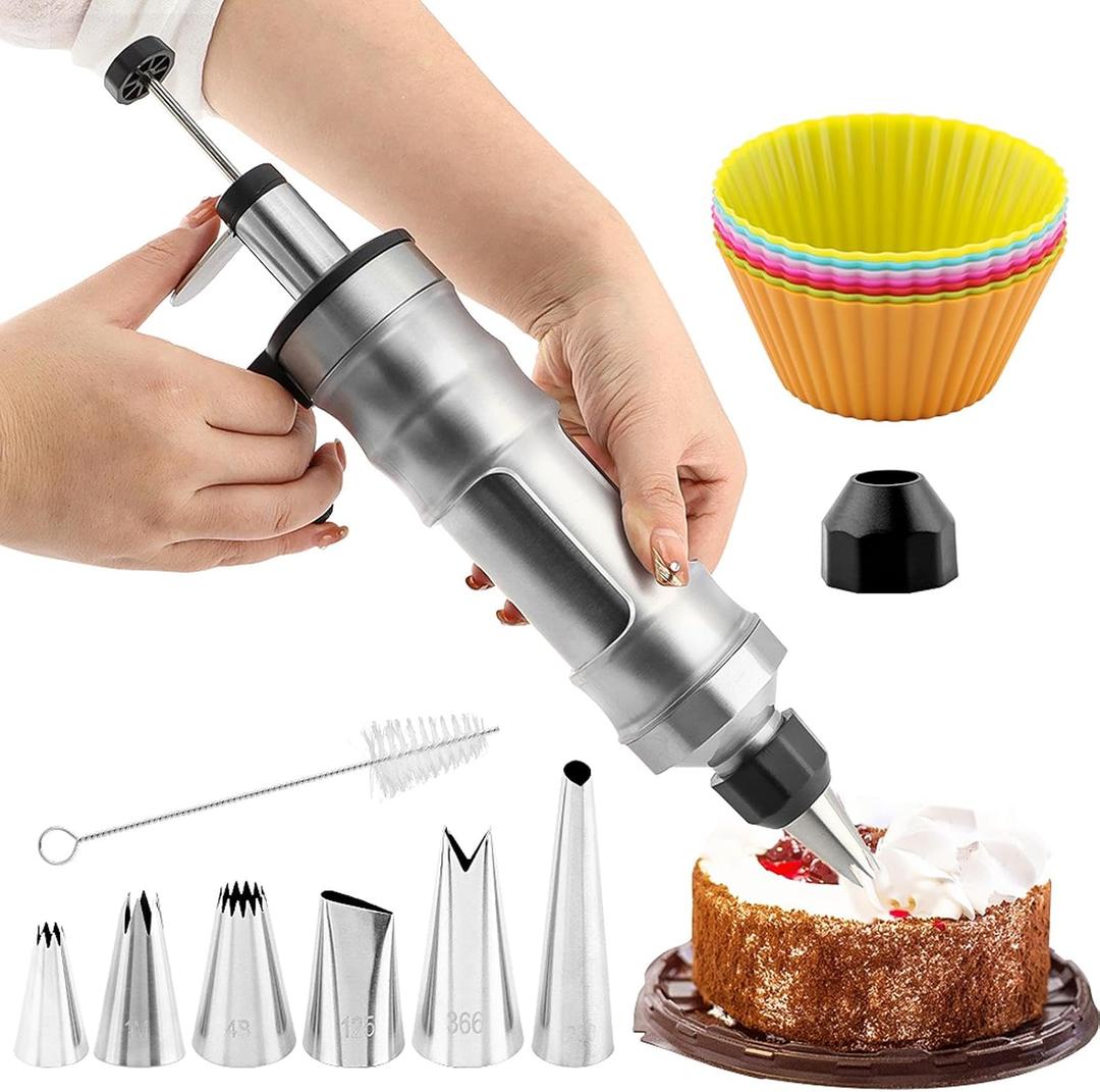 Dessert Decorating Syringes Set, Frosting Piping Kit Stainless Steels Cake Decorating Set with 6 Piping Tips, 7 Silicone Cupcakes and 1 Brush(COLOR:Black)