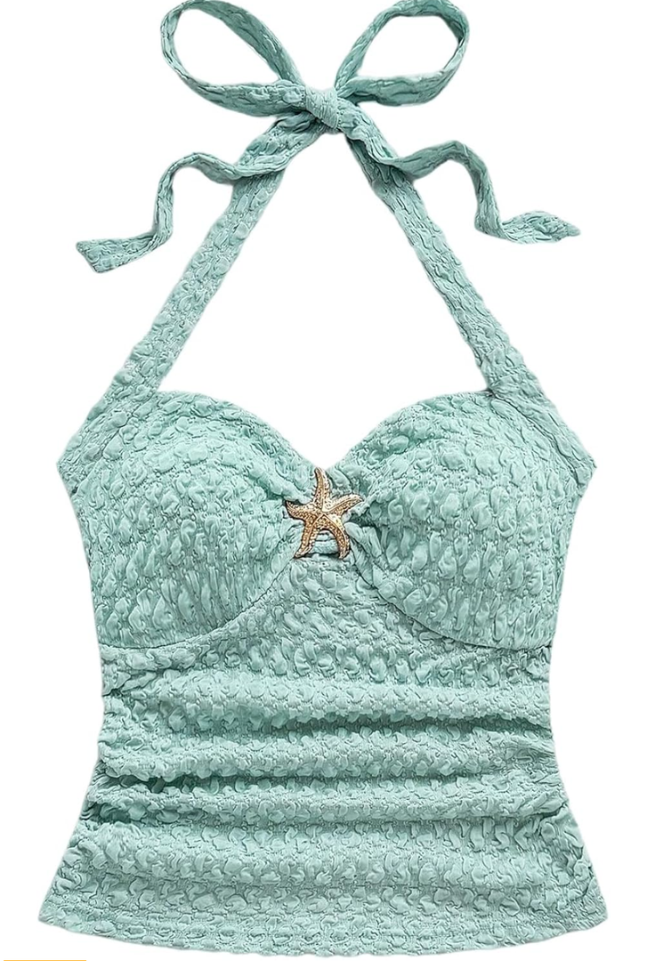 SOLY HUX Women's V Neck Halter Tops Open Back Y2k Ruched Floral Metal Summer Going Out Cami Tops S