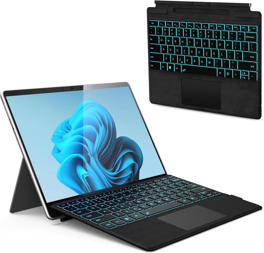 Surface Pro Keyboard, Wireless Type Cover for Microsoft Surface Pro 11/10/9/8/X 13 inch, Ultra-Slim Portable Magnetic Bluetooth Keyboard with 7 Color Backlit, Pen Holder, Trackpad, Auto Wake up/Sleep (Black)