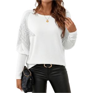 SOLY HUX Women's Long Sleeve Rhinestone Tops Crew Neck Casual Knit T Shirt | Spring Fall Clothes, Sparkly Shirt Top for Party, Club and Night Out (L)