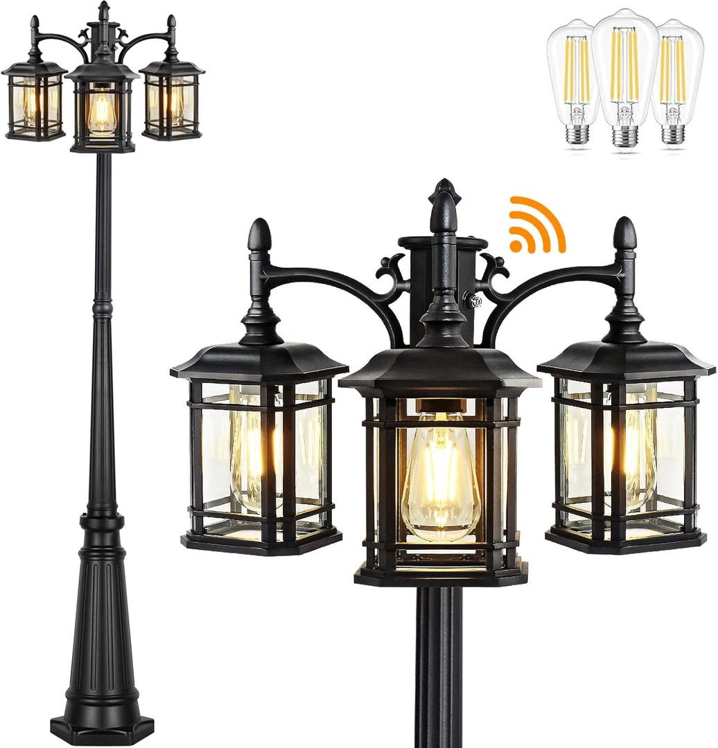 PARTPHONER Dusk to Dawn Outdoor Lamp Post Lights, Black Light Pole with Clear Glass Panels (3 LED Bulbs Included), 3-Head Hardwired Waterproof Outside Street Lights for Backyard Garden Driveway
