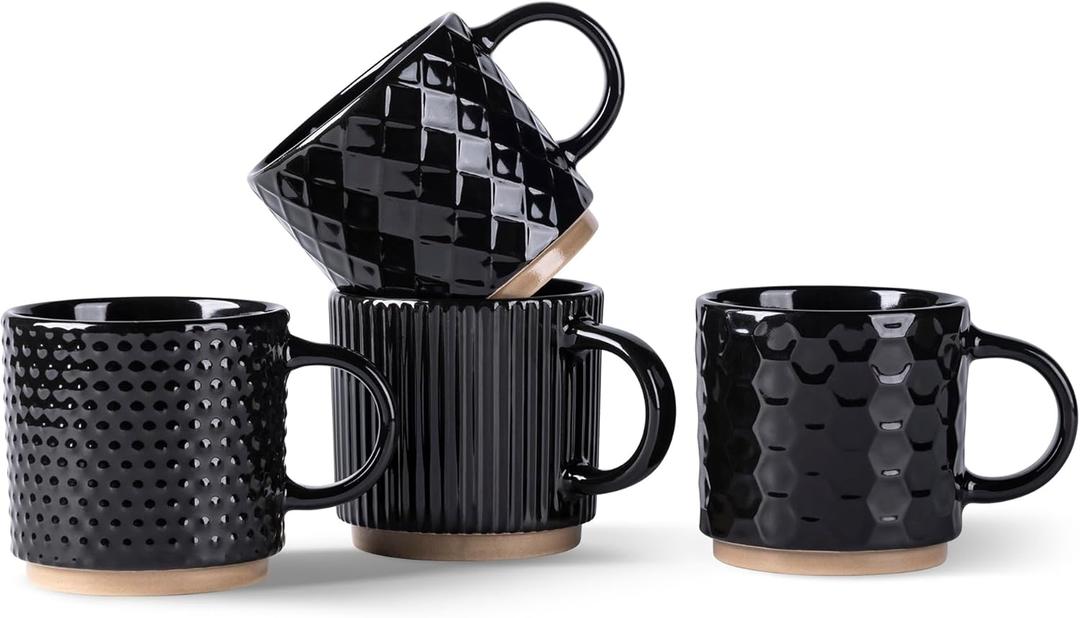 GBhome 6OZ Stackable Coffee Mugs, Ceramic Coffee Mugs with Texture Patterns for Man,Woman,Dad,Mom, Modern Coffee Cups Set of 4 for Espresso/Cappuccino/Cocoa. Dishwasher & Microwave Safe, Black