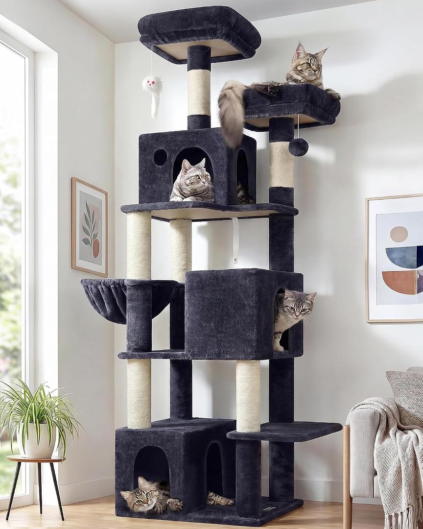 Globlazer Cat Tree Tall, 71 inches Cat Tower for Indoor Adult Cats Multi-Level 3 Condos for Indoor Cats XL Cat Tree Tower with Scratching Posts, Soft Extra Large Hanging Basket, F71, Dark Gray