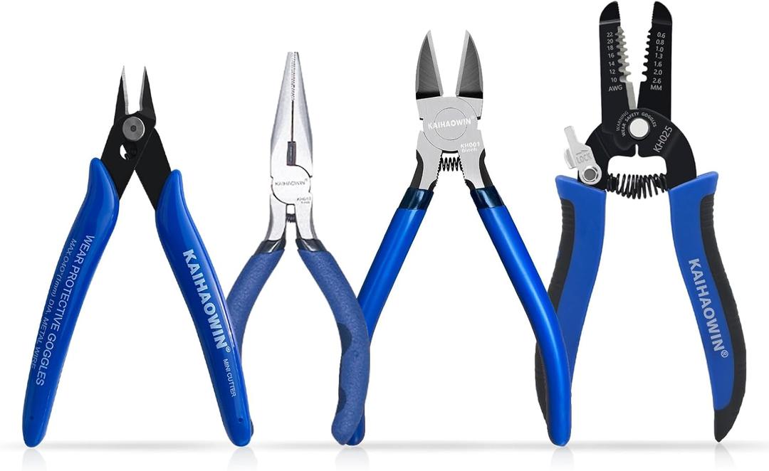 KAIHAOWIN 4-Piece Pliers Set, 5" Long Nose, 5" Flush Cutters, 6" Wire Cutter, 7" Wire Strippers, Small Hand Tools for Crafting Repairing Cutting