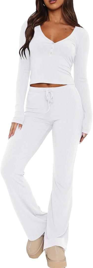 REVETRO Lounge Sets For Women Sexy V Neck Pajama Set Long Sleeve Shirts 2 Piece PJ Set Y2k Workout Sets For GYM (Small, White)