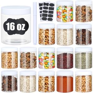 Plastic Jars with Lids, 16 oz Plastic Containers with Lids Clear Airtight Container Storage Jar Mason Jars for Dry Food Peanut Butter Honey Jam Cosmetics, Pack of 16 (16 PCS White Lids)