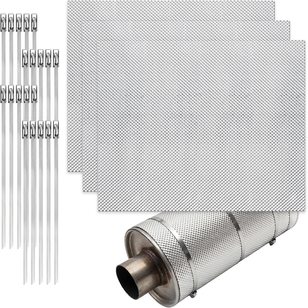 3 Pack Exhaust Heat Shield, 13 x 16IN Embossed Aluminum Heat Shield Kit with 20PCS Cable Metal Ties for Car Muffler Exhaust Wrap Heat Pipe High Temp Thermal Barrier