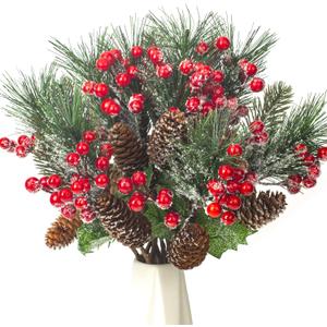 10 Pack Artificial Pine Branches Fake Greenery Pine Picks Artificial Red Berry Stems Christmas Pine Needles for Garland Wreath Christmas and Home Garden Decor