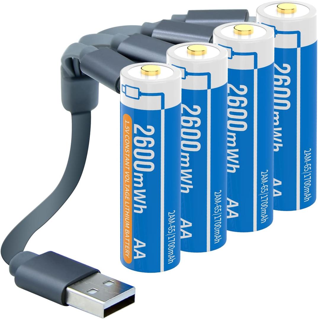 2 x Henreepow 1.5V AA Lithium Rechargeable Batteries, High Capacity 2600mWh(1700mAh) Double A Lithium ion Rechargeable Battery, 1200 Cycles with 4 in 1 USB Charging Cable (4 Pack with Storage Box)