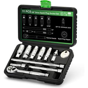 11-Piece Spark Plug Socket Set with 3/8" Drive Ratchet Handle, Spark Plug Gapper, Universal Joint and Extension Bar, 5/8", 3/4", 13/16", 14mm, 18mm, CR-V Sockets with Rubber Retaining Rings (11PCS Spark Plug Socket Set)