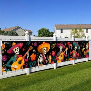 Day of the Dead Backdrop Banner Halloween Party Decorations Sugar Skull Design 118x20 inches Outdoor Banner for Yard Fences Photo Booth Backdrop Festival Party Decor