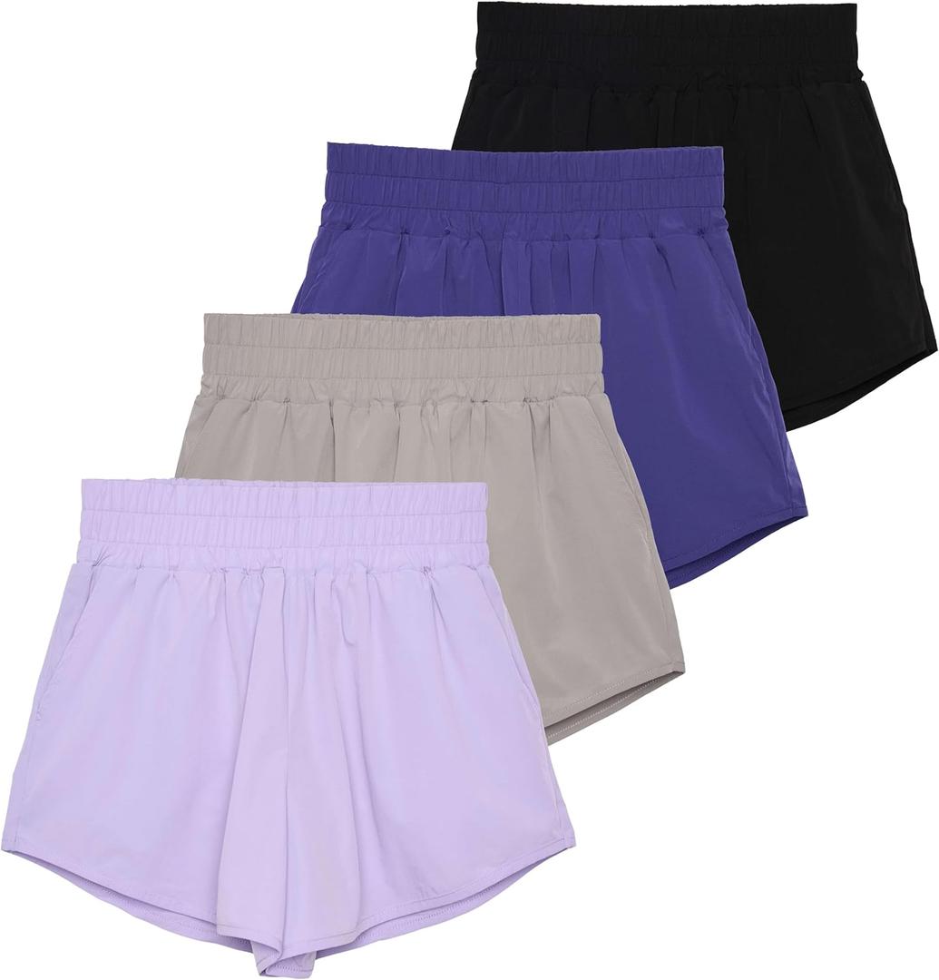 Real Essentials 4 Pack Women's 2.5'' High Waisted Running Shorts with Liner - Quick Dry, Dry Fit, Gym Workout Large