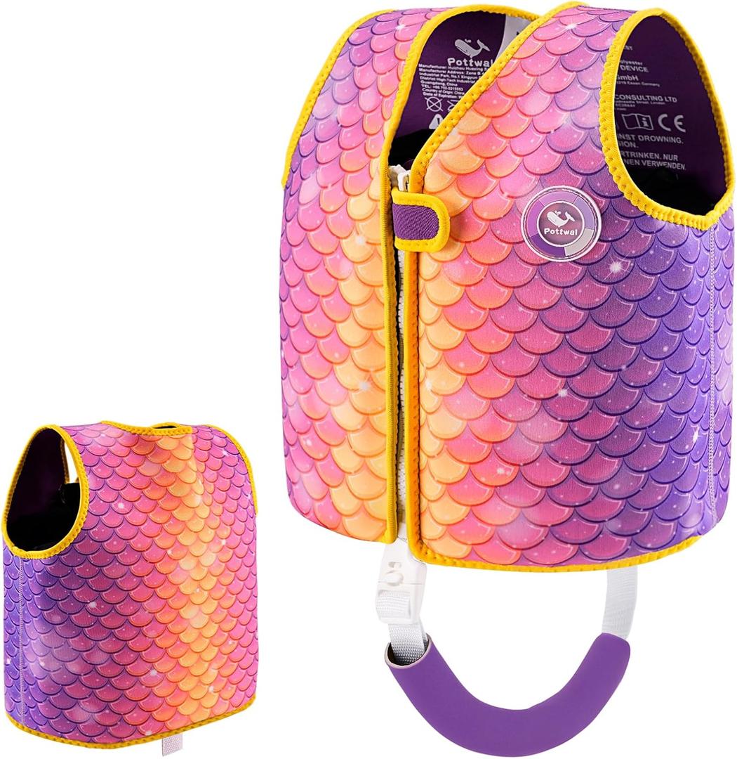 Pottwal Swim Vest for Kids - Swim Jacket for 1-2 Years (24-33LBS) - Buoyancy Aid Made of Neoprene & EPE - with Adjustable Crotch Strap (Small, 8 Pockets - Purple Mermaid Scales)