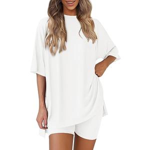 PRETTYGARDEN Women's Two Piece Lounge Set 2025 Summer Casual Oversized Shirts Biker Shorts Matching Airport Travel Outfit (Medium,White)