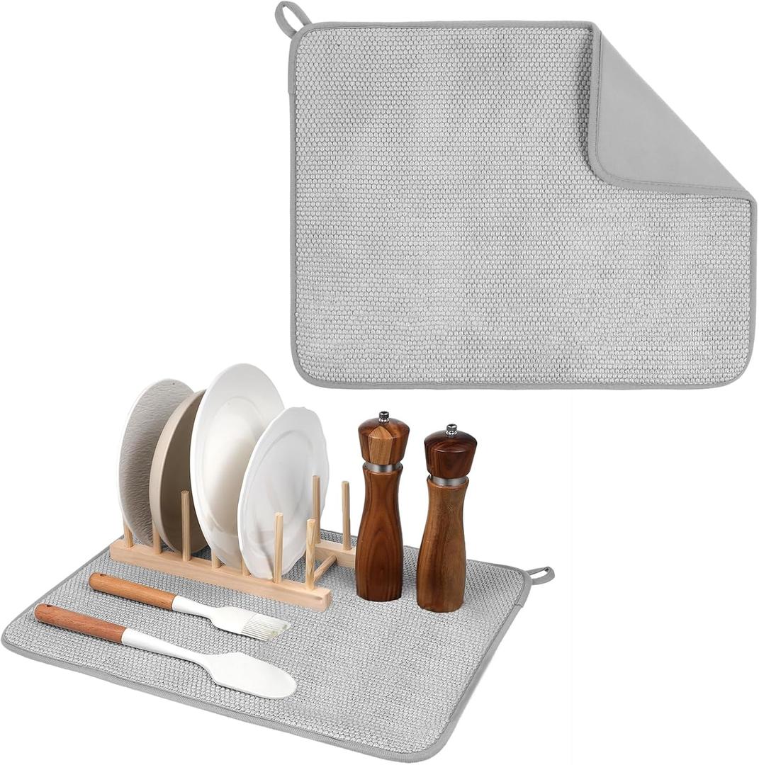 Dish Drying Mat, 20 x 15" Highly Absorbent Dish Drainer Mat Kitchen Counter Quick Dry Pads Large Size Dish Drying Pad for Countertops Sinks Draining Racks, Multi-Functional Use (Gray)