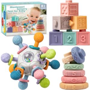 Baby Sensory Teething Toys Set, Montessori Baby Toys 6-12 Months, Incl Newborn Rattle Teether & Baby Blocks & Soft Stacking Rings, Ideal Babies Boy Girl Gifts, Infant Toys 0-3-6-9-12-18 Month
