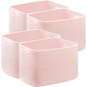 Pink Storage Bins 4 Pack Rectangular Rope Basket for Shelves for Baby Nursery Organization 12.7"Lx9"Wx7.9"H