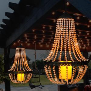 Hanging Candle Chandelier Outdoor, Battery Operated Clear Acrylic Beaded Chandelier with Flickering Led Candle Light S Hooks Modern Lantern for Garden Yard Patio Gazebo Room Indoor Decorations, 27H
