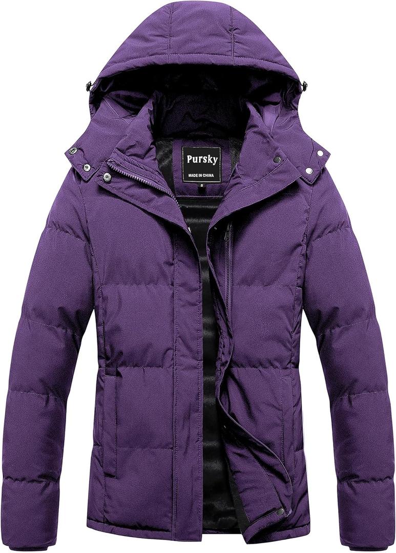 Pursky Women's Warm Winter Thicken Coat Waterproof Cropped Jackets Parka With Removable Hood (Large, Purple)