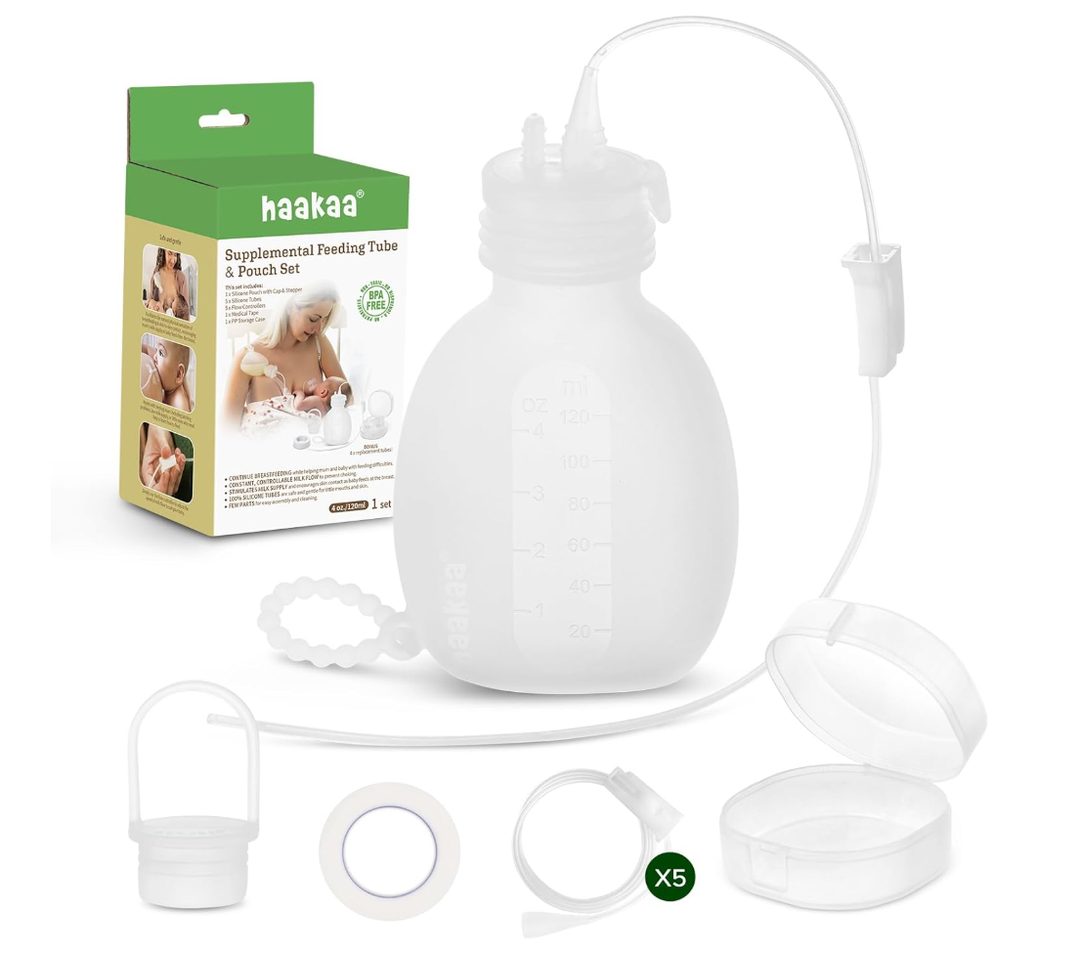 haakaa Supplemental Feeding Tube & Pouch Set, Baby Supplemental Nursing System, SNS Breastfeeding System, Food Grade Silicone, New Upgraded Design with Dual Tube Flow Control