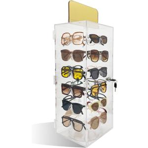Lockable Sunglasses Organizer, Acrylic Sunglass Display Stand With Mirror, Rotating Sunglass Display Case, Glasses Holder Eyeglass Storage, Sunglasses Tower for 24 Pairs