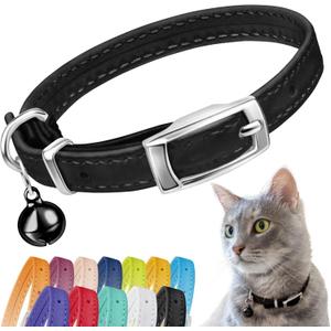 CollarDirect Leather Cat Collar with Removable Bell Safety Elastic Strap (Breakaway Alternative) Kitten Collar for Small & Big Boy & Girl Cats