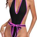 SHERRYLO Deep Monokini One Piece Swimsuit for Women Plunging Womens Bathing Suit Exotic Swimsuits Sexy Trikini Bathing Suits (One Size, 23002-black Fuchsia)