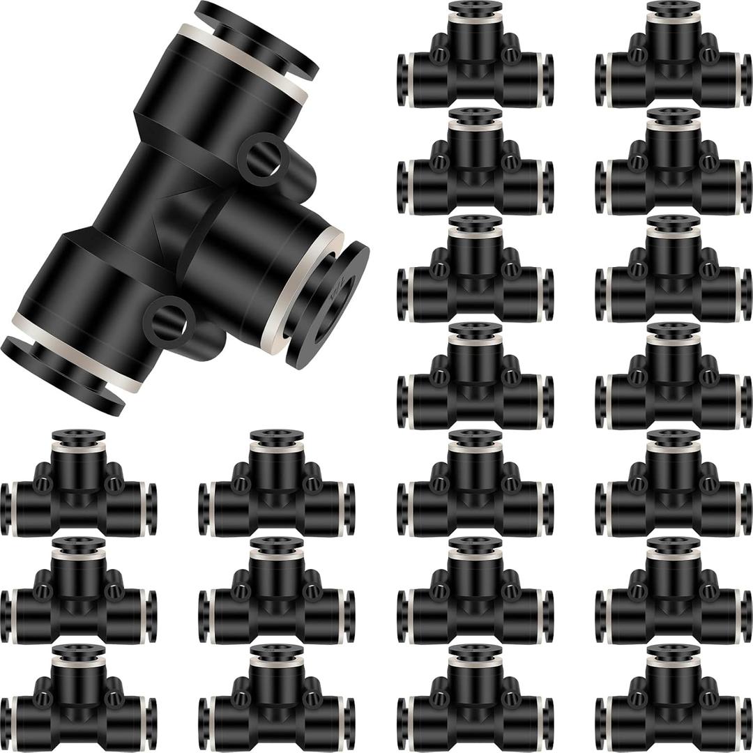 Boao 20 Pieces Push to Connect Tee Fittings Bulk Plastic Pneumatic Quick Push to Connect Fittings 3 Way Tee Shaped Tube Connectors Air Line Adapter(1/4 Inch)