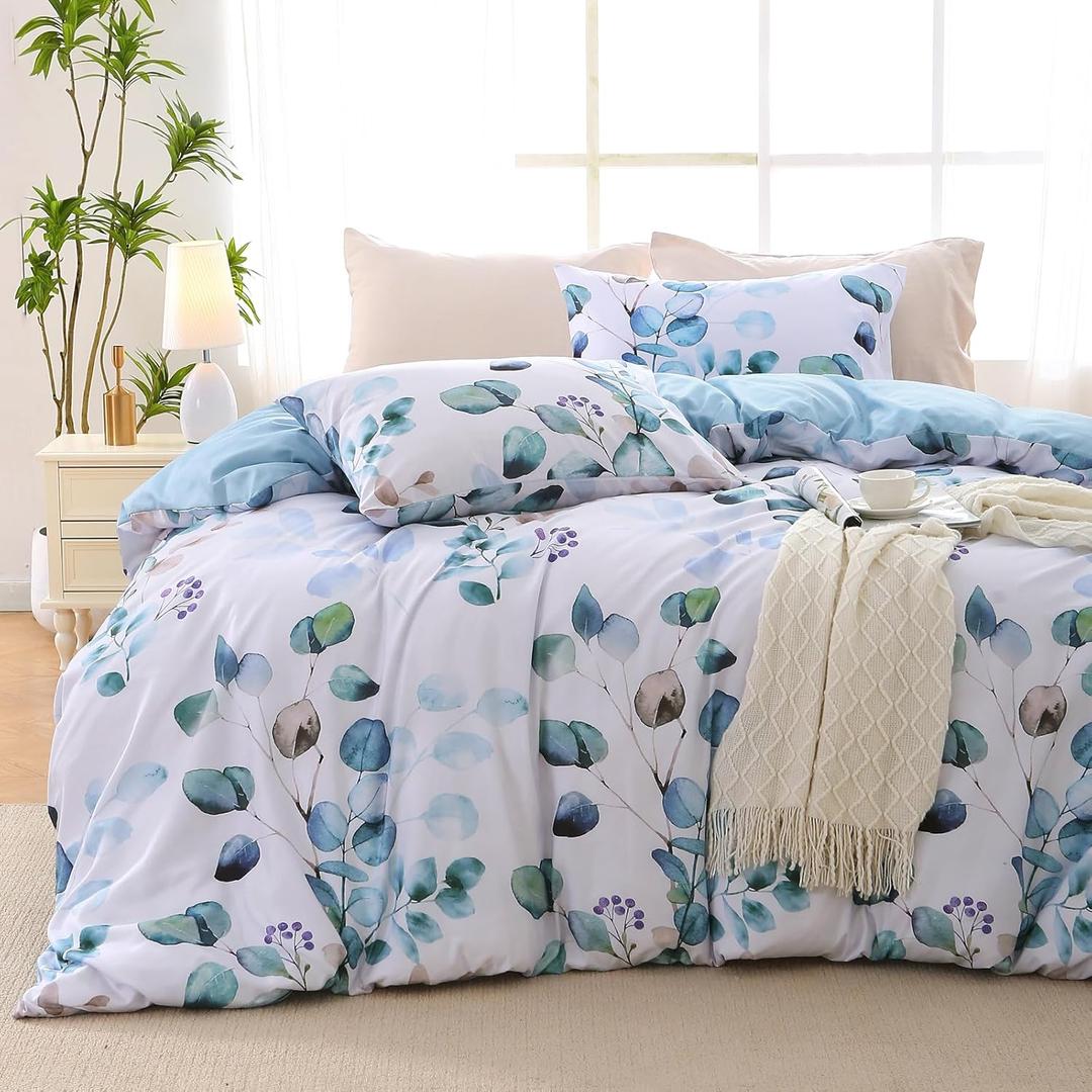 MUXHOMO Duvet Cover Queen Size, Reversible Floral Blue Duvet Cover Set with Zipper Closure, 3 Pieces Botanical Patterns Soft Microfiber Bedding Set with 4 Ties (90"x90", 2 Pillow Cases) (04 - Blue Flower (No Comforter))
