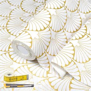 Shelf Liners Non Adhesive Gold Background White Fan-Shaped Pattern Thickened Non Slip Easy to Clean Drawer Liner for Kitchen Cabinets, Tool Box,Refrigerator,with Knife & Tape Measure,12in x 118in