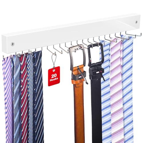Tie Rack Wall Mounted, Belt Rack Tie Organizer for Men with 20 Storage Hooks, Non Slip 180 Degree Rotating Tie Holder Belt Hanger for Closet/Wall Mount