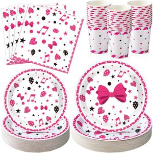 Domensi 250 Pcs Pink Cartoon Birthday Decorations Serves 50 Guests Pink Cartoon Theme Tableware Set Include Disposable Paper Plates Napkins and Cups for Baby Shower Party Supplies