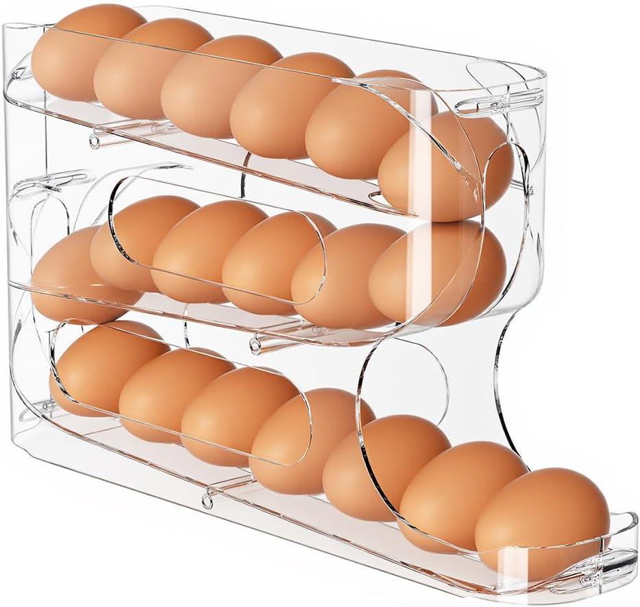 Sotfamily Clear Egg Holder for Fridge, Auto Rolling Egg Dispenser for Eggs 18 Count, FIFO Design, Space-Saving Egg Roller, Organizer, Container, Storage for Refrigerator & Kitchen Countertop(1 Pack) White