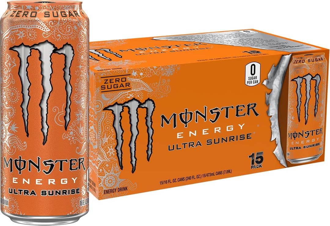 Monster Energy Ultra Sunrise, Sugar Free Energy Drink, 16 Fl Oz | Pack of 15 (EXP 12/30/26)