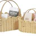 Scalloped Baskets with Handles,Hand-woven Rattan Basket,Wicker Basket with Scalloped Edge,Scalloped Storage Baskets for Home Organizing and Decor(Set of 2-Natural)