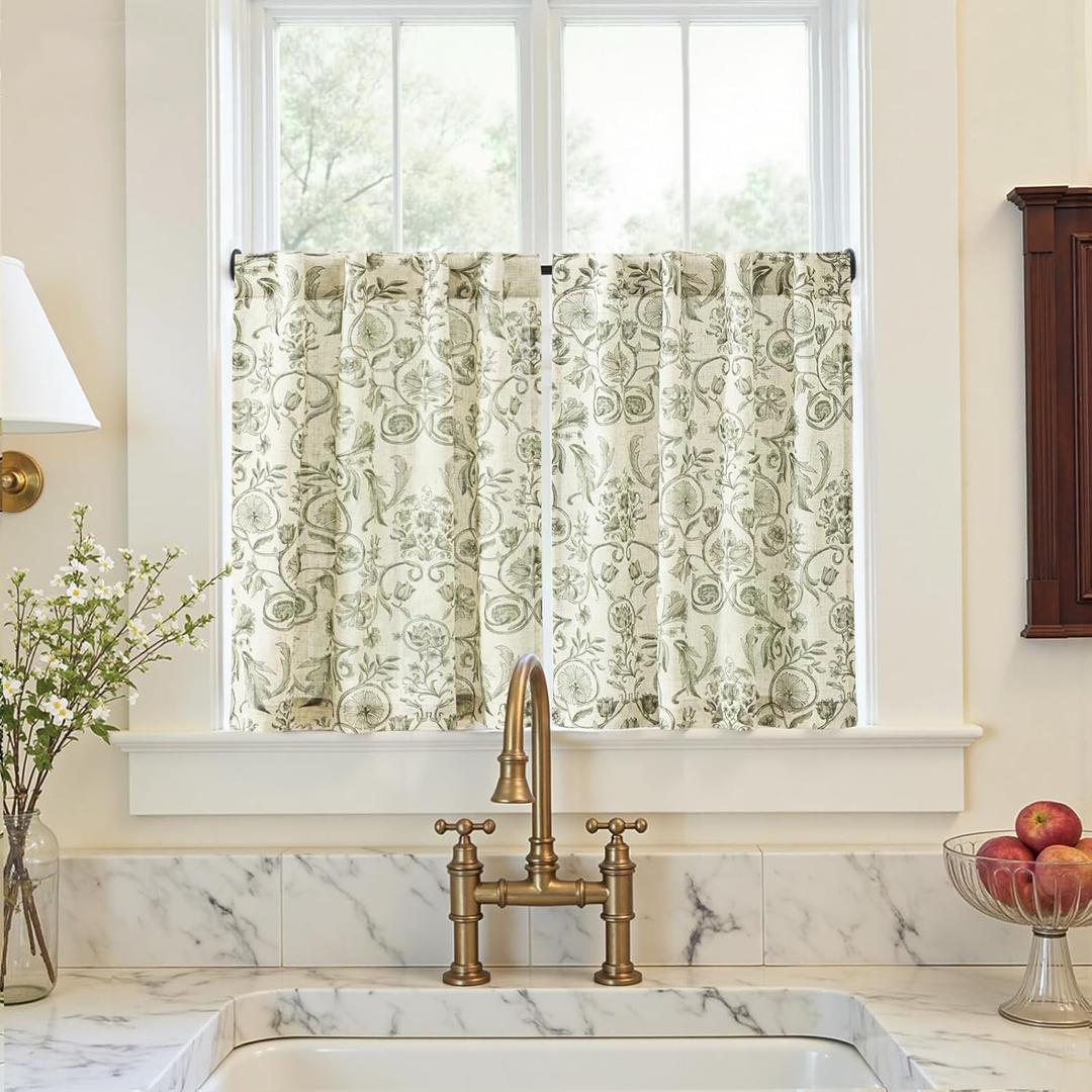 jinchan Small Window Curtains 36 Inch Linen Floral Curtain Set for Kitchen Bathroom Cafe Curtains Light Filtering Window Treatment Farmhouse Cottagecore Back Tab Drapes 2 Panels Green on Beige